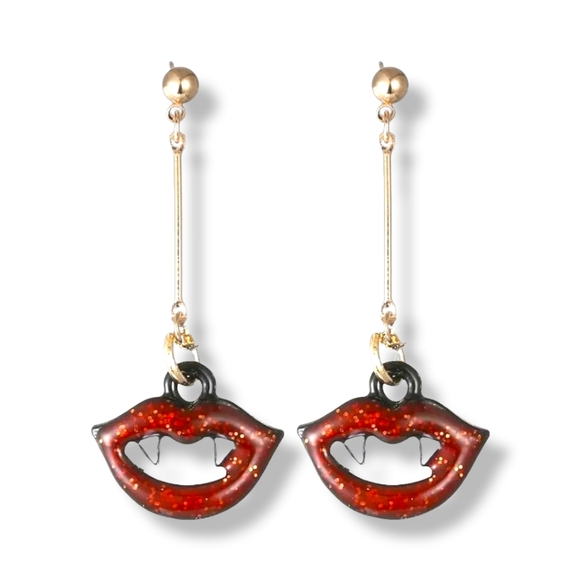 Bundle 2 pairs 1 red 1 pink sparkly crystal vampire teeth lips earrings - Picture 5 of 12
